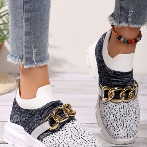 Gold Thick Chain Contrast Color Stitching Flying Knitting Sneakers, Sneakers, color:White|size:42, JustFashionNow