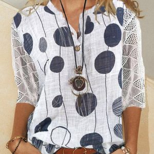 Polka Dots Mid Sleeve Blouse, Shirts & Blouses, color:White|size:XXL, JustFashionNow