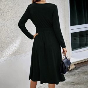 Women Plain V Neck Long Sleeve Comfy Casual Midi Dress, Midi, color:Black|size:3XL, Noracora