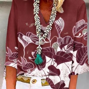Floral Casual V Neck Shirt, Blouses, color:Red|size:XXL, Noracora