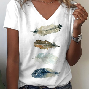 Feather Printed V Neck Casual T-Shirt, T-shirts, color:White|size:3XL, Noracora