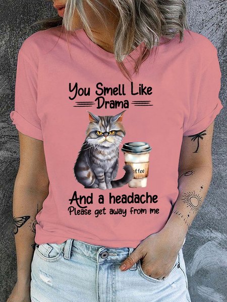 Women's You Smell Like Drama Cat T-shirt, Cute Joke Cat Lover Casual T-Shirt, T-shirts, Lilicloth.com