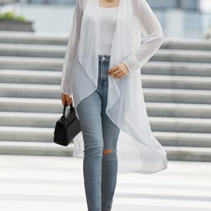 Loose Ultra lightweight Plain Long sleeve Urban Mid-long Kimono, Kimonos, color:White|size:XXL, Stylewe