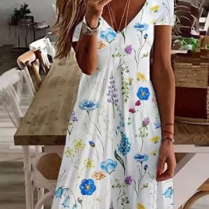 V Neck Casual Floral Cotton Dress, Dresses, color:White|size:XXL, JustFashionNow
