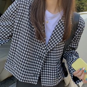 Vintage Long Sleeve Plaid Blazer, Blazers, color:As Picture|size:One-size, JustFashionNow
