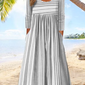 Women Striped Crew Neck Long Sleeve Comfy Casual Midi Dress, Maxi, color:Light Gray|size:XXL, Noracora