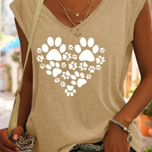 Women‘s Paw heart print Casual Cotton-Blend Tank Top, color:Khaki|size:3XL, Lilicloth.com