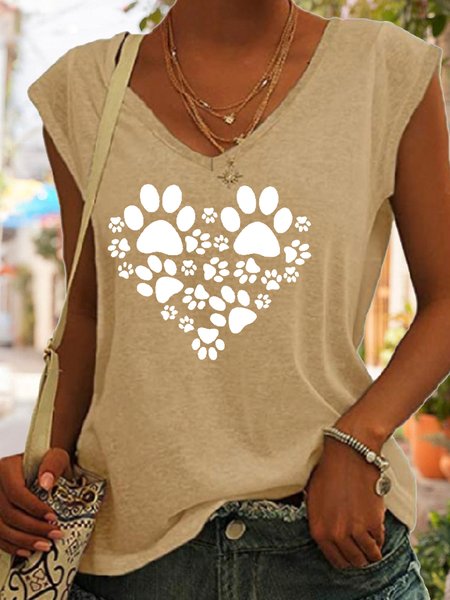 Women‘s Paw heart print Casual Cotton-Blend Tank Top, color:Khaki|size:3XL, Lilicloth.com
