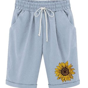 Women‘s Sunflower Knee Length Bermuda Shorts Plus Size Casual Summer Loose Fit Long Shorts Elastic Waist Shorts with Pockets, color:Blue|size:XXL, Lilicloth.com