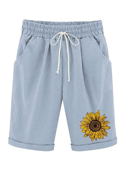 Women‘s Sunflower Knee Length Bermuda Shorts Plus Size Casual Summer Loose Fit Long Shorts Elastic Waist Shorts with Pockets, color:Blue|size:XXL, Lilicloth.com