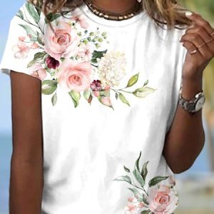 Floral Casual Crew Neck Loose T-Shirt, T-Shirts, color:White|size:XXL, JustFashionNow