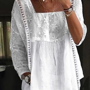 Cotton Lace Casual Plain Shirt, Shirts & Blouses, color:White|size:XXL, JustFashionNow
