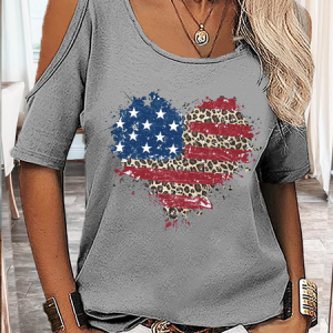 Women's America Flag Solid Drop Shoulder Crew Neck Casual T-Shirt, color:Gray|size:XXL, Lilicloth.com