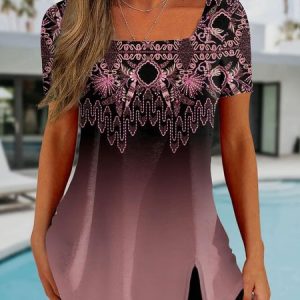 Jersey Square Neck Boho Loose Shirt, Blouses, color:Red|size:XXL, Noracora