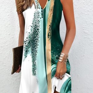 Women Gradient Pattern Notched Sleeveless Comfy Casual Midi Dress, Maxi, color:Green|size:XXL, Noracora
