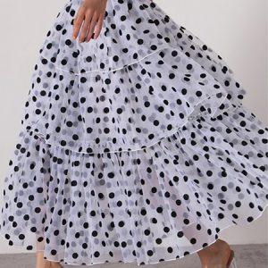 Maxi Daily Polka Dots Mesh Skirt, Skirts, color:White|size:XXL, Stylewe