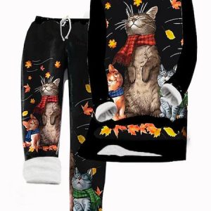 Crew Neck Casual Loose Cat Two-Piece Set, Tops, color:Black|size:XXL, JustFashionNow
