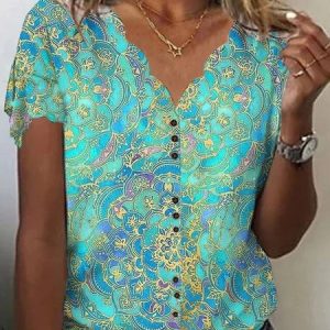 Ethnic Casual V Neck T-Shirt Short Sleeve Paisley Print Tee, T-Shirts, color:Cyan|size:XXL, JustFashionNow