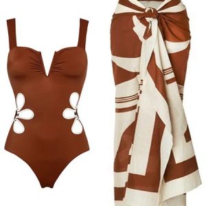 Vacation Abstract Hollow Out One Piece With Cover Up, Swimsuit with Coverups, color:Brown|size:XXL, Stylewe