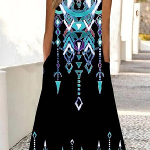 Loose Ethnic Scoop Neck Casual Dress, Dresses, color:Black|size:XXL, JustFashionNow