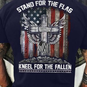 Men's Funny Stand For The Flag Kneel For The Fallen Flag Cross Graphic Printing Casual Loose Cotton T-Shirt, T-shirts, Lilicloth.com