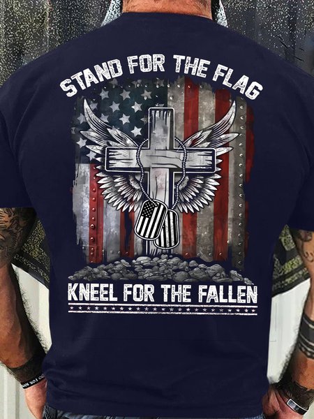 Men's Funny Stand For The Flag Kneel For The Fallen Flag Cross Graphic Printing Casual Loose Cotton T-Shirt, color:Purplish blue|size:3XL, Lilicloth.com
