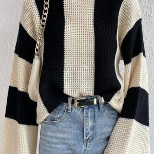 Women Wool/Knitting Striped Long Sleeve Comfy Casual Sweater, Sweaters, color:Off White|size:L, Noracora