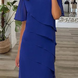 Women's Chiffon Beading Short Sleeve Casual Dress, Short, color:Blue|size:XXL, Noracora