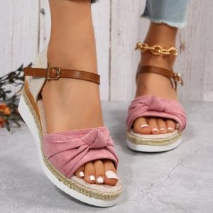 Resort Knotted Straw Wedge Sandals, Sandals, color:Pink|size:42, JustFashionNow