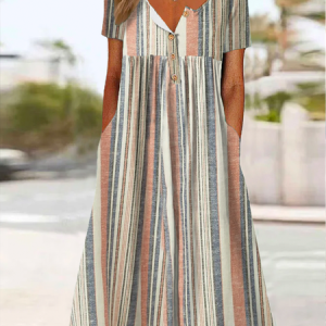 Casual Striped Notched Buttoned Short Sleeve Dress, Casual Dresses, color:Multicolor|size:XXL, JustFashionNow