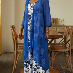 Vacation Loose Floral V Neck Two-Piece Set, Suit Set, color:Green|size:XXL, JustFashionNow