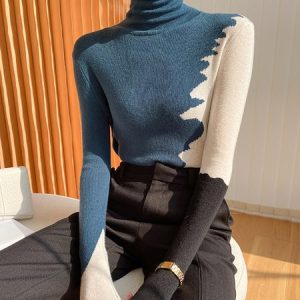 Fashion Long Sleeve Turtleneck Color Block Sweater, Sweaters, color:Multicolor|size:XXL, Stylewe