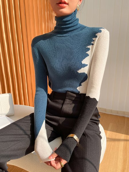 Fashion Long Sleeve Turtleneck Color Block Sweater, Sweaters, color:Multicolor|size:XXL, Stylewe