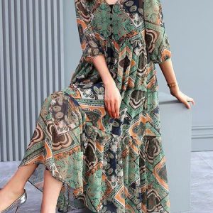 Women Abstract V Neck Three Quarter Sleeve Comfy Casual Maxi Dress, Maxi, color:Green|size:3XL, Noracora