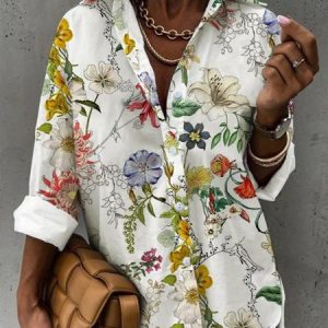 Casual Shawl Collar Floral Loose Blouse, Shirts & Blouses, color:White|size:4X, JustFashionNow