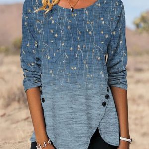 Casual Gradient Floral Crew Neck Loose Top, Tops, color:Blue|size:XXL, JustFashionNow
