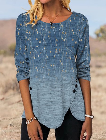 Casual Gradient Floral Crew Neck Loose Top, Tops, color:Blue|size:XXL, JustFashionNow