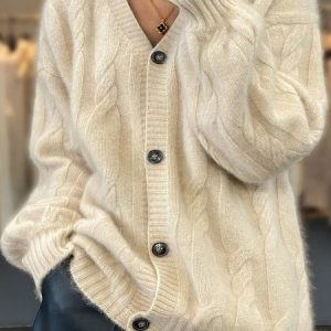 Women Yarn/Wool Yarn Plain Long Sleeve Comfy Casual Buckle Cardigan, Cardigans, color:Beige|size:XXL, Noracora