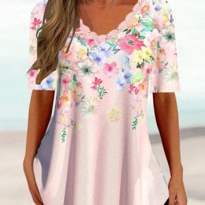 Loose Casual V Neck Lace Floral Shirt, Shirts & Blouses, color:Pink|size:XXL, JustFashionNow