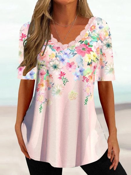 Loose Casual V Neck Lace Floral Shirt, Shirts & Blouses, color:Pink|size:XXL, JustFashionNow