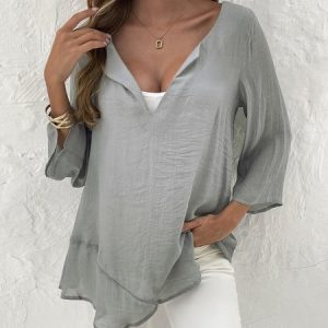 Oversized loose linen women's summer shirt (the fabric is a bit transparent, you need to wear it with a tube top), Blouses, color:Gray|size:5XL, catalog Noracora shop