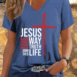 Women's Jesus The Way Truth Life Text Letters V Neck Casual T-Shirt, color:Dark Blue|size:3XL, Lilicloth.com