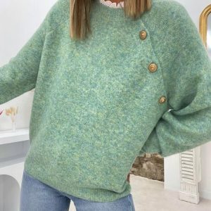 Women Wool/Knitting Plain Long Sleeve Comfy Casual Buckle Sweater, Sweaters, color:Green|size:XXL, Noracora