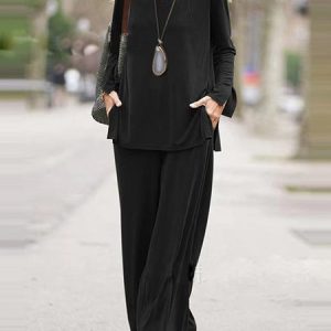 Women Plain V Neck Long Sleeve Comfy Casual Top With Pants Two-Piece Set, Sets, color:Black|size:3XL, Noracora