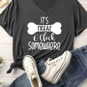 Women's It's Treat O'clock Somewhere Matching V Neck T-Shirt, color:Gray|size:XXL, Lilicloth.com
