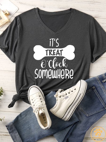 Women's It's Treat O'clock Somewhere Matching V Neck T-Shirt, color:Gray|size:XXL, Lilicloth.com