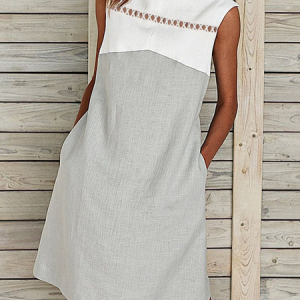 Women Hollow Out Lace Turtleneck Color Block Pockets Loose Sleeveless Cotton And Linen Dress, Midi Dresses, Roselinlin - Online Catalog