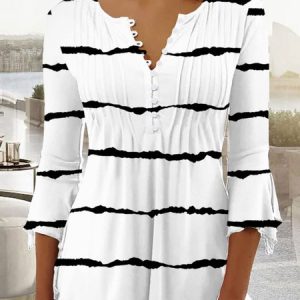 Notched Long Sleeve Striped Buckle Regular Micro-Elasticity Loose Shirt For Women, Blouses, color:White|size:3XL, Noracora