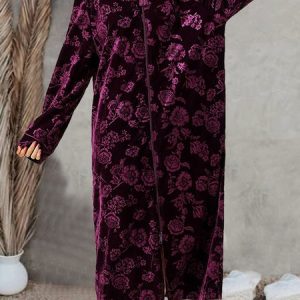 Ethnic Stand Collar Loose Floral Nightdress, Pajamas, color:Fuchsia|size:3XL, Noracora