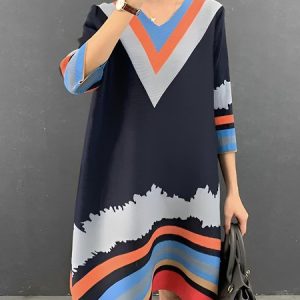 V Neck Urban Regular Fit Geometric Dress, Midi Dresses, color:Black|size:XXL, Stylewe